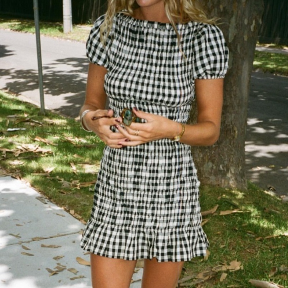 Doen Rizzo Linen Smocked Boat Neck Short Puff Sleeve Mini Dress Marilyn Gingham